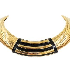 Vintage 1980s Signed Monet Wide Goldtone & Black Enamel Collar Necklace